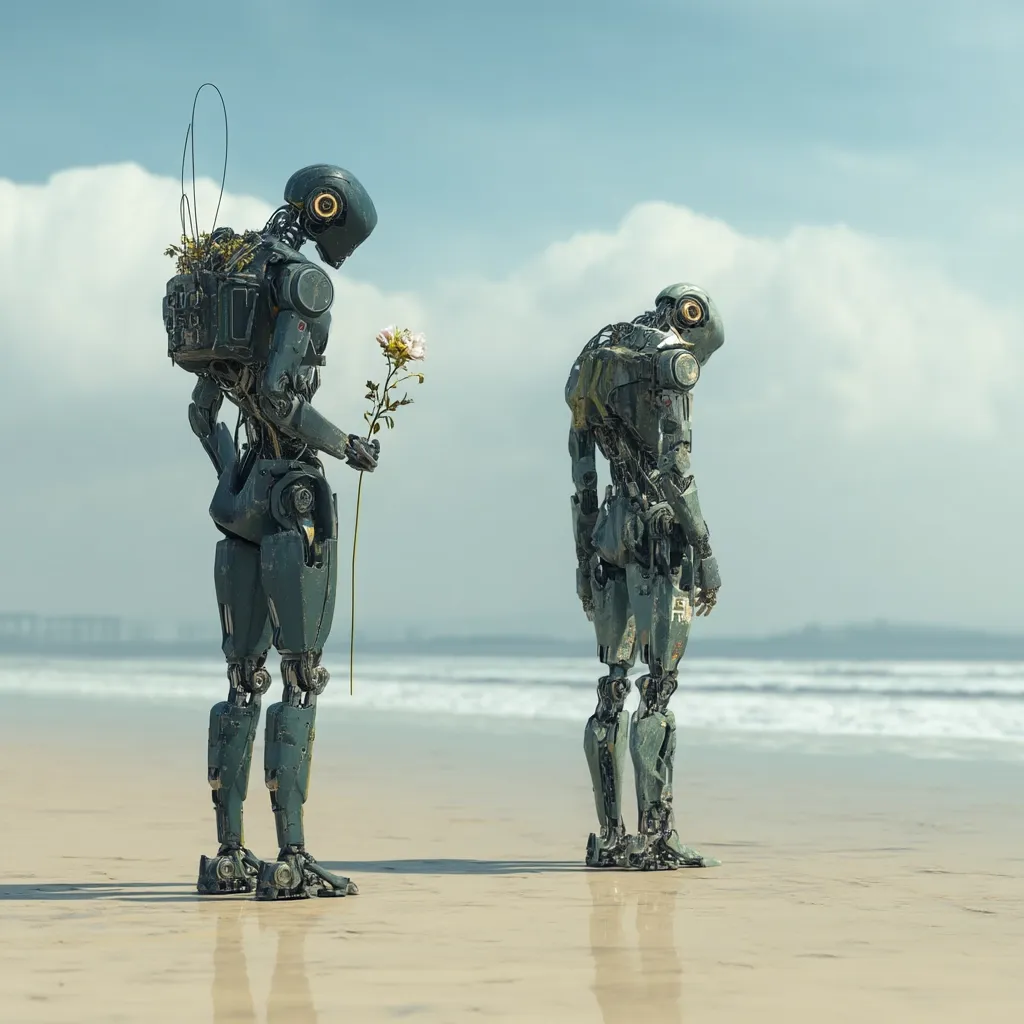 Two weathered robots stand on a sandy beach, the ocean stretching behind them. One robot offers a single flower to the other, which stands with its back turned, seemingly unresponsive.  The scene evokes a feeling of loneliness and unrequited affection in a futuristic, desolate setting.  The robots' design is detailed and mechanical, contrasting with the delicate flower.