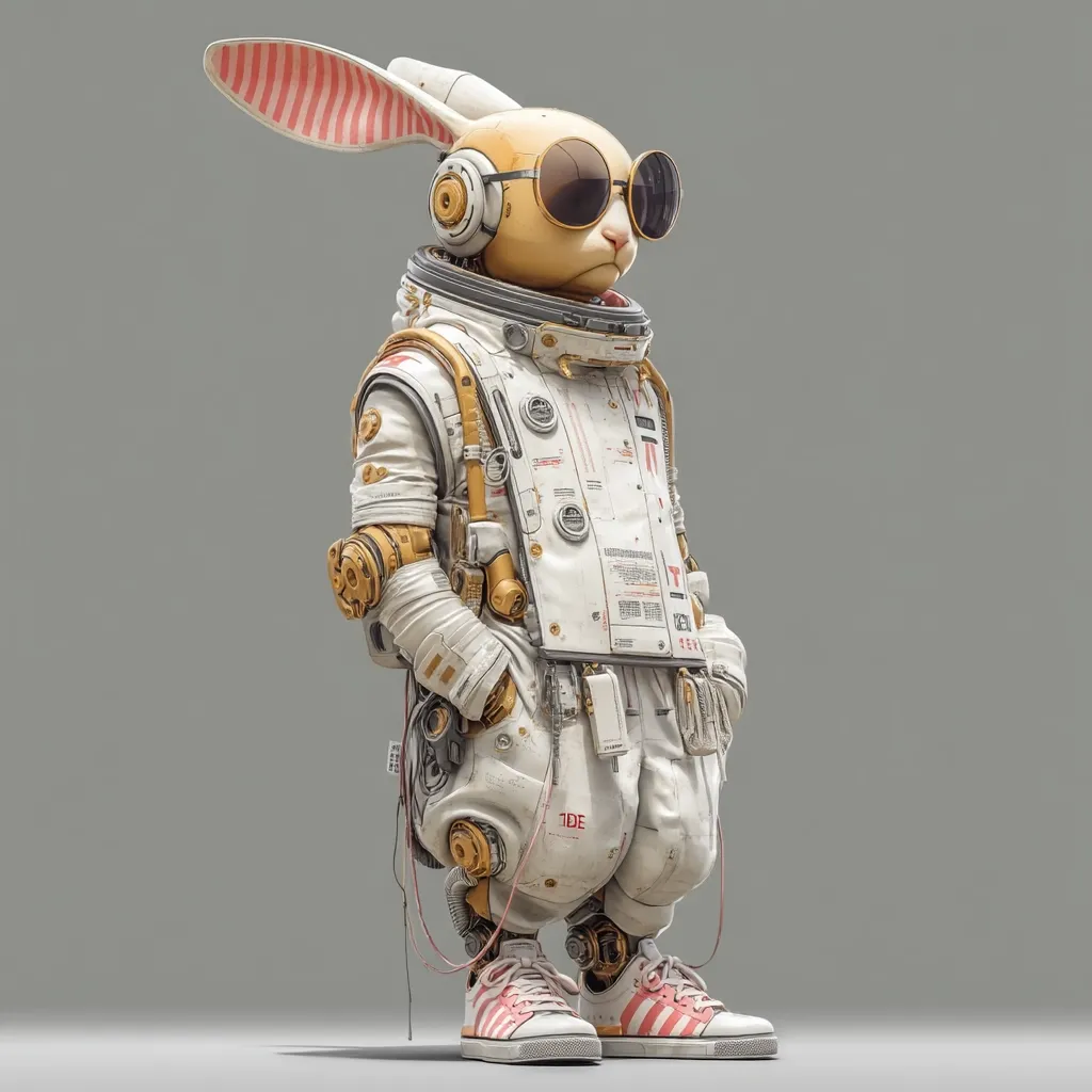 A digital rendering showcases a rabbit-like astronaut.  The character wears a retro-futuristic white spacesuit with gold accents, round sunglasses, and pink and white striped sneakers. Its long ears feature pink and white stripes. The astronaut stands casually, hands in pockets, against a neutral gray background, exuding a cool and stylish persona.  The detailed design blends organic and mechanical elements.
