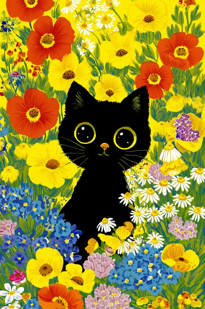 A black cat with large, expressive eyes sits amidst a vibrant garden of flowers.  Bright yellow, orange, and red poppies dominate, interspersed with smaller blue forget-me-nots and white daisies. The cat's sleek fur contrasts sharply with the colorful blooms, creating a cheerful and whimsical scene.  The background is a sunny yellow, enhancing the overall bright and lively feel of the illustration.