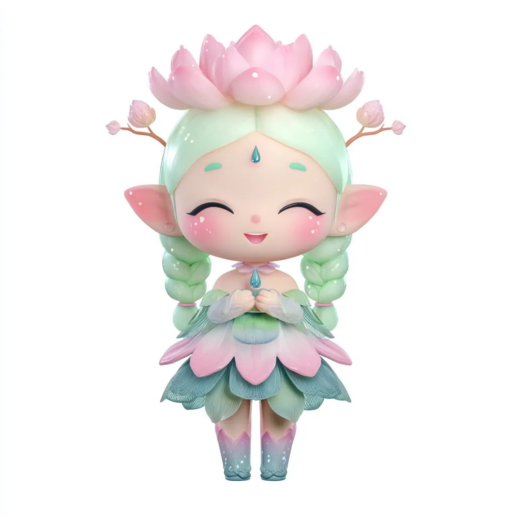 A charming 3D rendering of a whimsical elf girl.  She possesses pastel green hair adorned with a pink lotus flower crown, pointed ears, and a dress crafted from lotus petals.  Her cheerful expression and delicate features convey a sense of innocence and ethereal beauty.  She gently holds a small, teardrop-shaped object in her hands.  The overall style is cute and fantastical.
