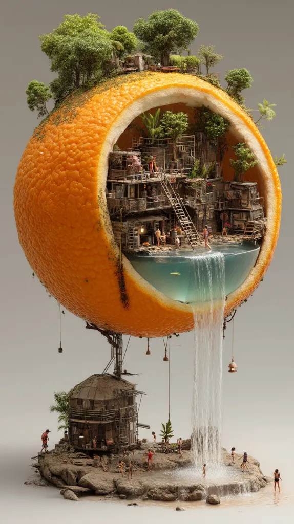 A surreal miniature world nestled inside a giant orange peel.  Tiny houses and lush vegetation cling to the fruit's curved surface. A waterfall cascades from an inner pool, where miniature figures bathe and relax.  The scene is meticulously detailed, combining elements of nature and human habitation in a fantastical, dreamlike setting.  A smaller structure sits on a rocky shore below, completing the enchanting diorama.
