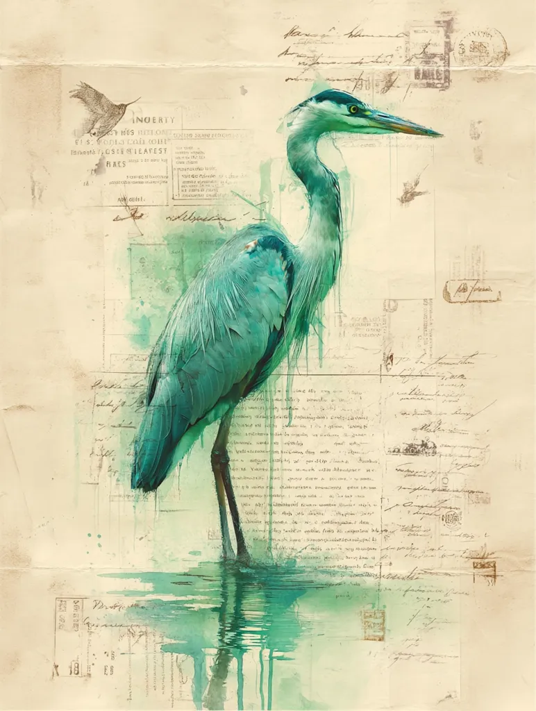 A teal-colored great blue heron stands in shallow water, its reflection mirrored below.  The bird is depicted in a painterly style against a backdrop of aged paper overlaid with handwritten text, postage stamps, and watercolor washes.  Small, delicate drawings of birds and insects are scattered across the antique-looking paper, creating a layered, artistic effect. The overall tone is serene and evocative of nature and history.