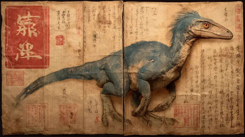 An aged, parchment-like document displays a detailed illustration of a blue-hued dinosaur.  The dinosaur, possibly a raptor, is depicted with meticulous detail, showcasing its scales and feathers.  The ancient-looking paper is filled with Asian characters and stamps, suggesting an historical or scholarly context.  The image evokes a sense of antiquity and mystery.