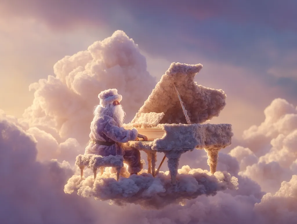 A whimsical illustration depicts Santa Claus, cloaked in fluffy white attire, seated at a grand piano crafted entirely of clouds.  The celestial instrument floats amidst a sea of soft, pastel clouds under a serene, sunset sky.  The scene evokes a feeling of magical tranquility and peaceful wonder.  Santa's expression is calm and serene as he plays the ethereal piano.