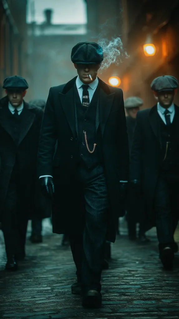 A sharply dressed man in a newsboy cap and long overcoat walks down a dimly lit cobblestone street.  He smokes a cigarette, his gaze fixed ahead.  Flanked by other similarly attired men, the scene evokes a 1920s gangster film aesthetic, with muted colors and a sense of mystery and impending action.  The overall atmosphere is dark and brooding.