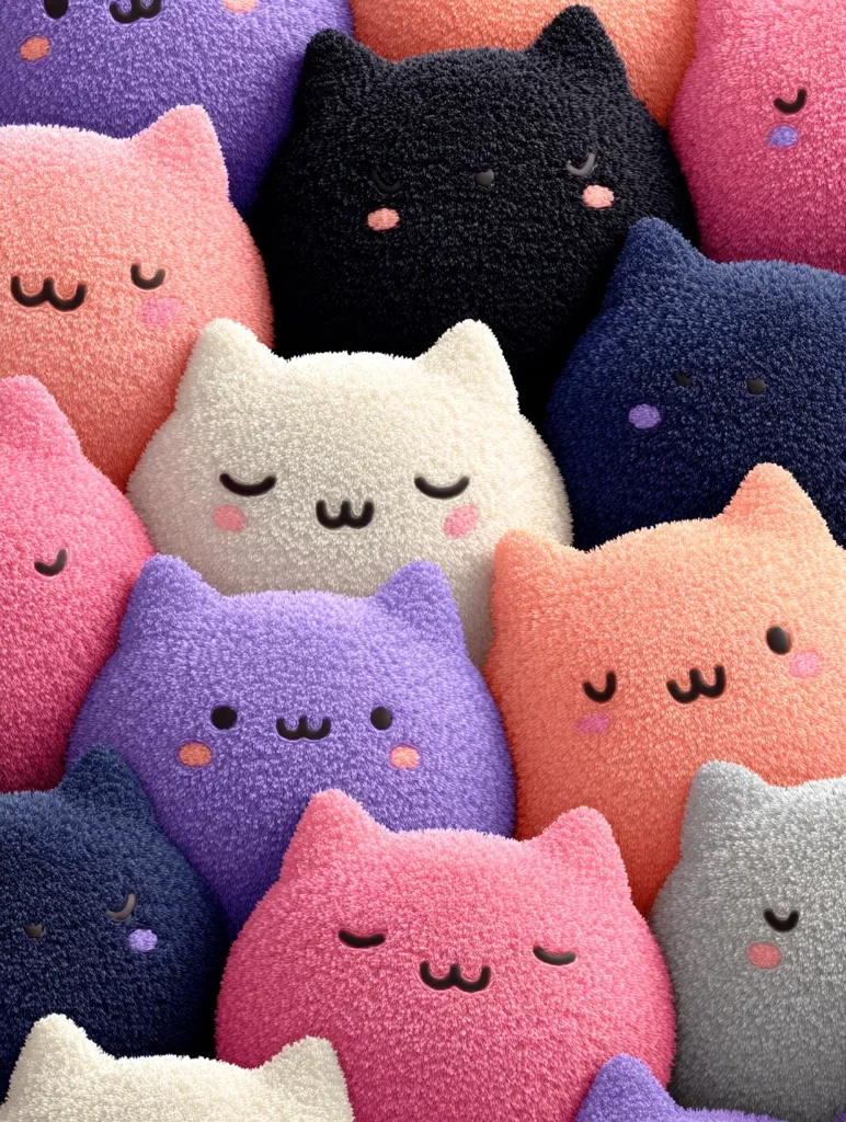 A close-up shot reveals a pile of plush cat toys in various pastel colors, including pink, purple, white, and gray.  Each cat has simple, cartoonish features like closed eyes and a small, smiling mouth.  The texture of the plush is soft and fluffy, creating a cuddly and appealing image.  The cats are densely packed together, creating a visually appealing and repetitive pattern.