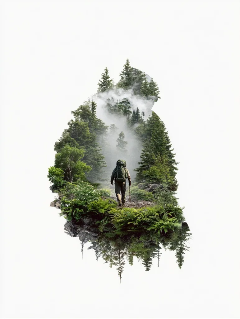 A hiker with a backpack walks a trail through a misty forest.  The image is a double exposure, combining the hiker with a lush, green landscape that forms the shape of a person.  The scene evokes a sense of solitude, adventure, and connection with nature. The misty atmosphere adds to the mysterious and tranquil mood.  The forest is dense, with various shades of green foliage.