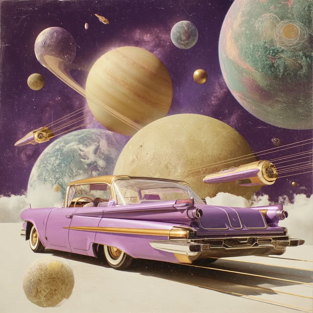 A vibrant, retro-futuristic illustration depicts a lavender classic car speeding across a celestial landscape.  Surrounding the vehicle are various planets, moons, and futuristic spacecraft, all rendered in a vintage, slightly faded aesthetic.  The color palette is dominated by purples, golds, and muted earth tones, creating a dreamy, otherworldly atmosphere.  The scene evokes a sense of whimsical space travel and nostalgic Americana.