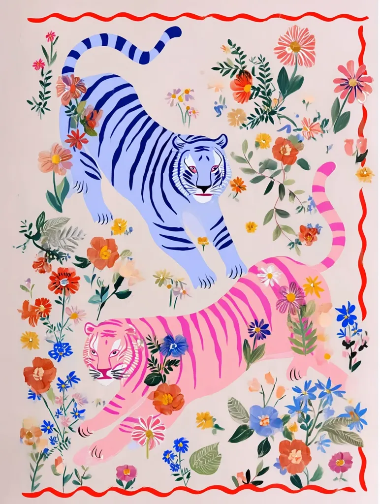 A vibrant illustration features two stylized tigers, one blue and one pink, amidst a profusion of colorful flowers.  The tigers are depicted in a playful, almost cartoonish manner, with bold stripes and expressive faces.  The floral background is dense and varied, creating a lively, whimsical scene. The overall style is playful and bold, with a slightly naive aesthetic.  The piece is framed by a wavy red border.