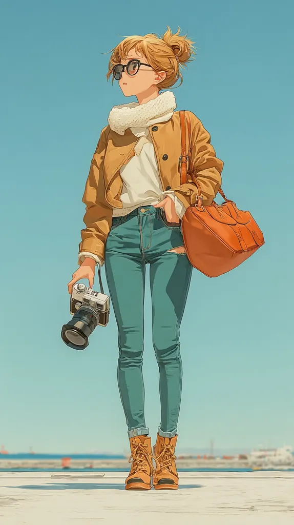 A stylish anime girl with blonde hair in a bun, wearing sunglasses, a tan jacket, white sweater, teal jeans, and brown boots, stands outdoors. She carries a vintage camera and an orange handbag.  The background is a clear blue sky and a distant coastline, suggesting a travel or vacation theme.  Her posture conveys a sense of relaxed confidence.