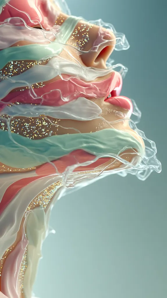 A close-up profile view of a face adorned with flowing, translucent layers of pastel-colored creams and lotions.  The textures are smooth and glossy, interspersed with shimmering gold glitter. The overall effect is ethereal and dreamlike, suggesting a luxurious beauty treatment or a surreal cosmetic advertisement.  The background is a soft, muted teal.
