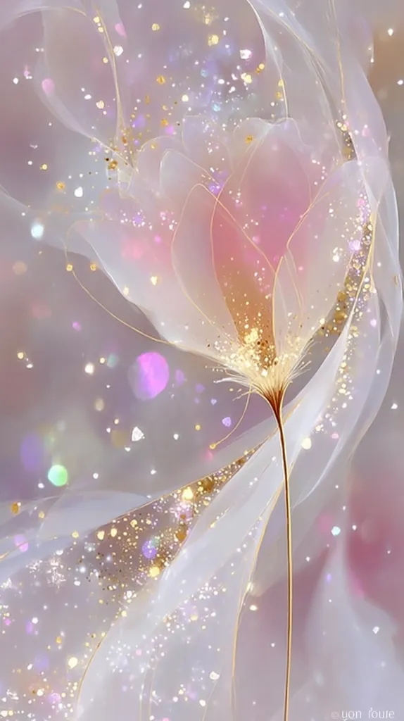 A dreamy, ethereal image features a delicate, stylized flower with translucent petals.  Gold accents outline the flower and its flowing, sheer fabric-like form.  Scattered iridescent sparkles and glitter add a magical, shimmering effect against a soft pink and white background, creating a whimsical and enchanting scene.