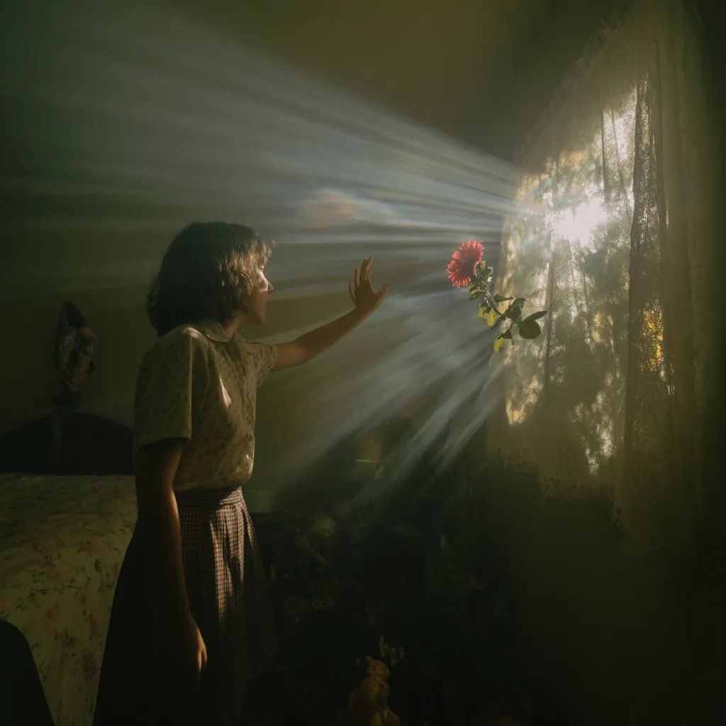 A young girl in a vintage-style dress reaches towards a single red flower blooming in a sunlit window.  Dust motes dance in the radiant beams of light streaming into a dimly lit room.  The scene is evocative of a dreamlike, nostalgic atmosphere, filled with a sense of longing or wonder. The girl's expression is pensive, her gaze fixed on the blossom.