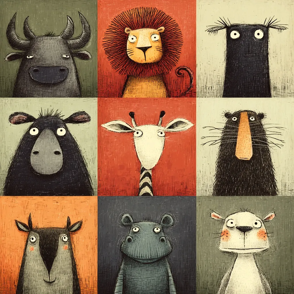 A whimsical illustration features nine stylized animal portraits arranged in a grid.  Each animal, including a bull, lion, mysterious creature,  another bovine, giraffe, furry beast, goat-like creature, hippopotamus, and dog-like animal, is depicted with textured, slightly distressed artwork in muted earthy tones.  The overall style is quirky and charming.