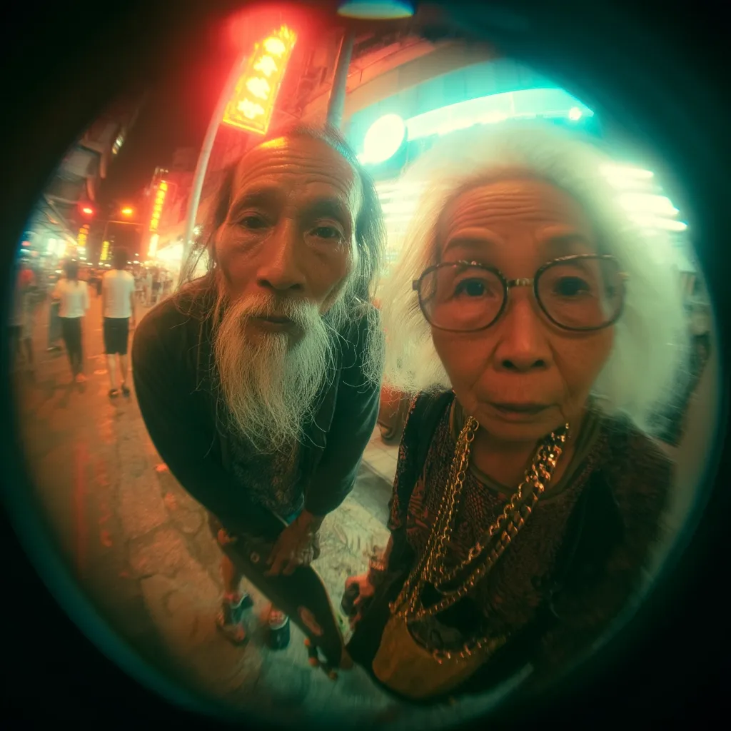 A fisheye lens captures an elderly Asian couple on a vibrant, neon-lit street at night. The man, with a long white beard, stands beside a woman adorned with a chunky gold necklace.  Their expressions are engaging, creating a candid and intimate street portrait. The blurred background showcases the bustling energy of the city. The overall image is saturated with warm and cool tones, enhancing the atmosphere.