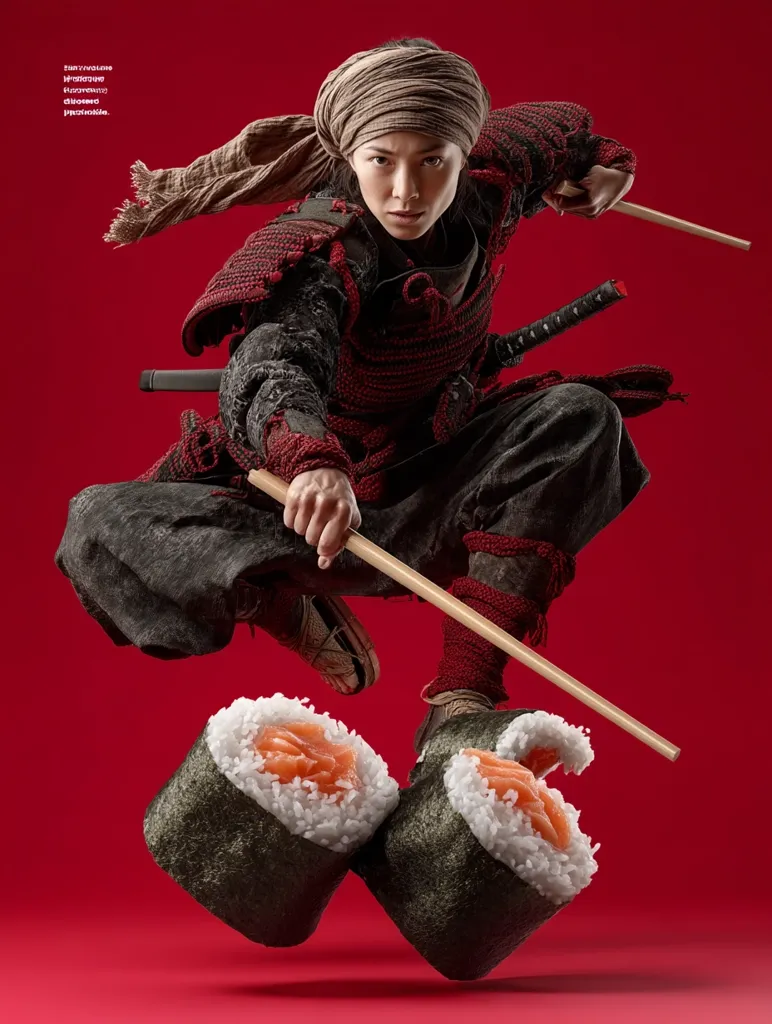 A female samurai, clad in dark red armor and a brown headscarf, dynamically leaps through the air.  She wields two long chopsticks, one held in each hand, skillfully balancing.  Beneath her feet, two large pieces of salmon sushi hover, adding a whimsical contrast to her fierce warrior pose against a vibrant red background.
