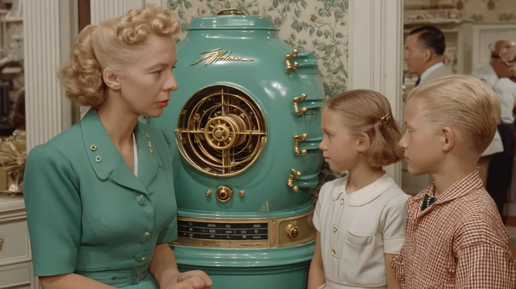 A woman in a teal dress stands before a large, teal and gold Philco radio, addressing two children.  The girl, in a white dress, and boy, in a red and white gingham shirt, listen attentively.  The setting appears to be a 1950s home, with a man in a suit visible in the background.  The scene exudes a nostalgic, mid-century American aesthetic.