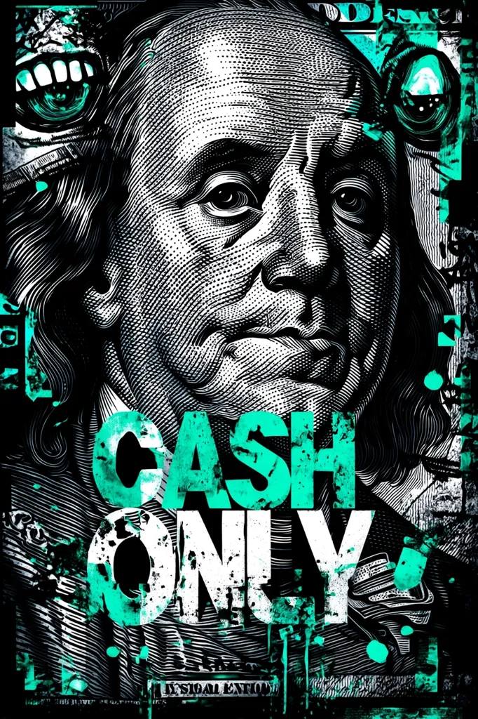 A stylized graphic features a close-up of Benjamin Franklin's face from a US hundred-dollar bill.  The image is overlaid with a grunge effect, incorporating splashes of teal paint and the words "CASH ONLY" prominently displayed.  Surrounding Franklin are distorted, eye-like elements adding a surreal and slightly unsettling atmosphere. The overall style is a blend of gritty realism and graphic art.