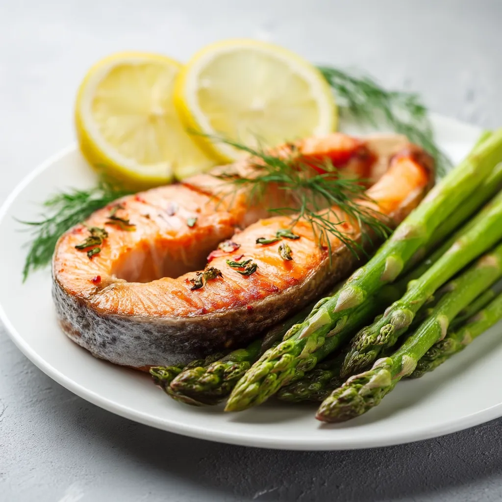 A delicious and healthy meal is presented on a white plate.  A perfectly pan-seared salmon fillet, seasoned and cooked to a beautiful golden-brown, sits alongside a bunch of vibrant green asparagus spears.  Two lemon wedges and fresh dill garnish the dish, adding a touch of freshness and acidity.  The simple yet elegant presentation highlights the natural flavors of the ingredients.