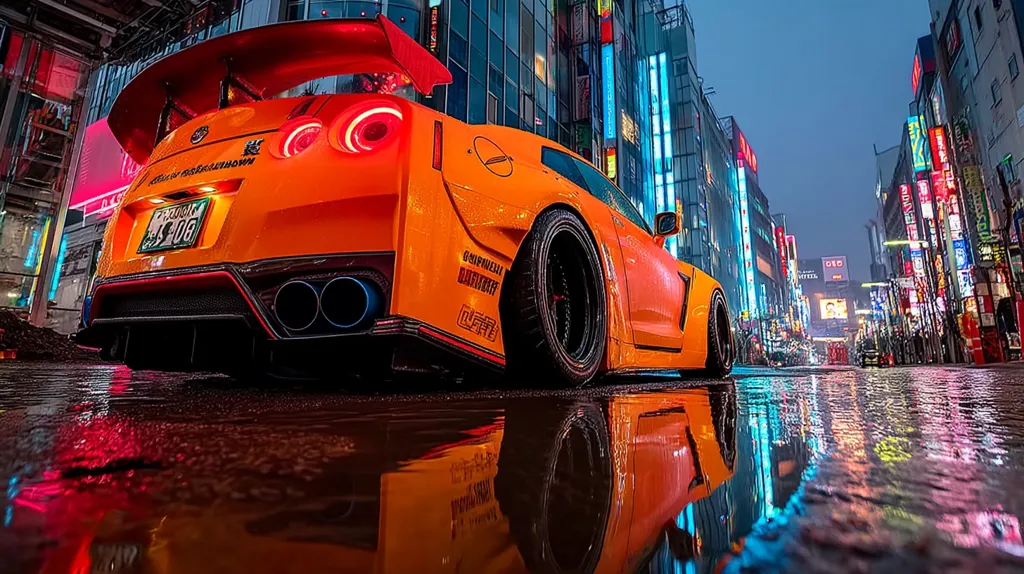 A vibrant orange Nissan GT-R, heavily modified with a large rear wing and aftermarket wheels, is parked on a rain-slicked street in a bustling Japanese city.  Neon lights from surrounding buildings reflect in the puddles, creating a vivid, almost surreal, nighttime scene. The car's reflection is clearly visible in the wet pavement, enhancing the overall dramatic effect.  The image showcases a blend of automotive culture and urban nightlife.