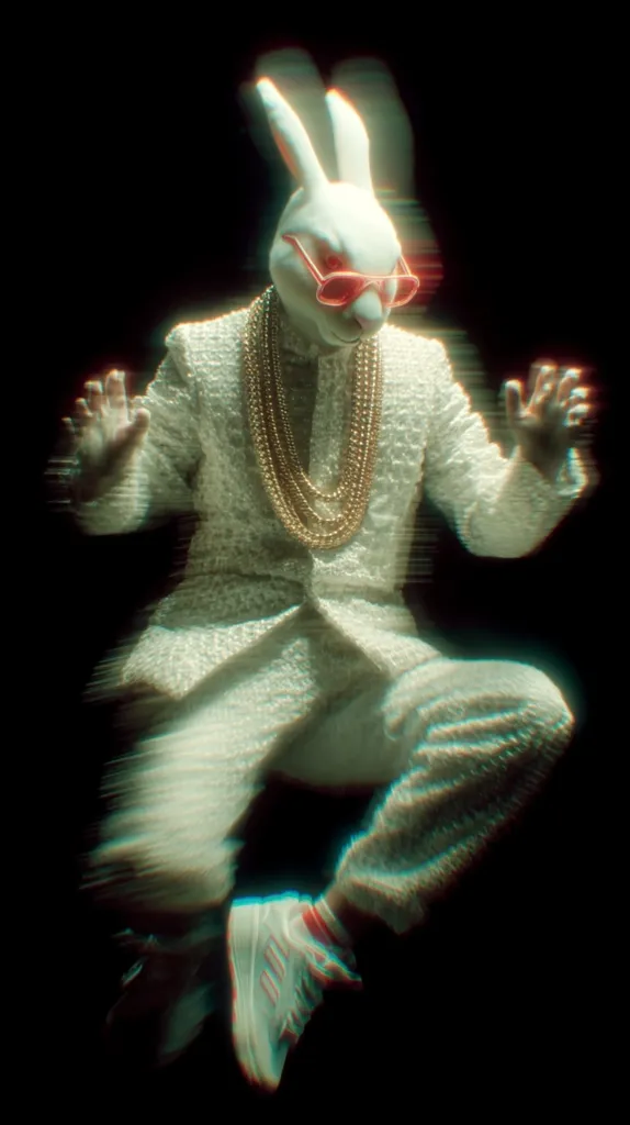 A figure wearing a white rabbit mask, pink sunglasses, and a white textured suit adorned with multiple gold necklaces, is captured mid-leap against a black background. The image has a glitch effect, creating a dynamic and surreal atmosphere.  The pose suggests movement and energy, emphasizing the unique style of the subject.