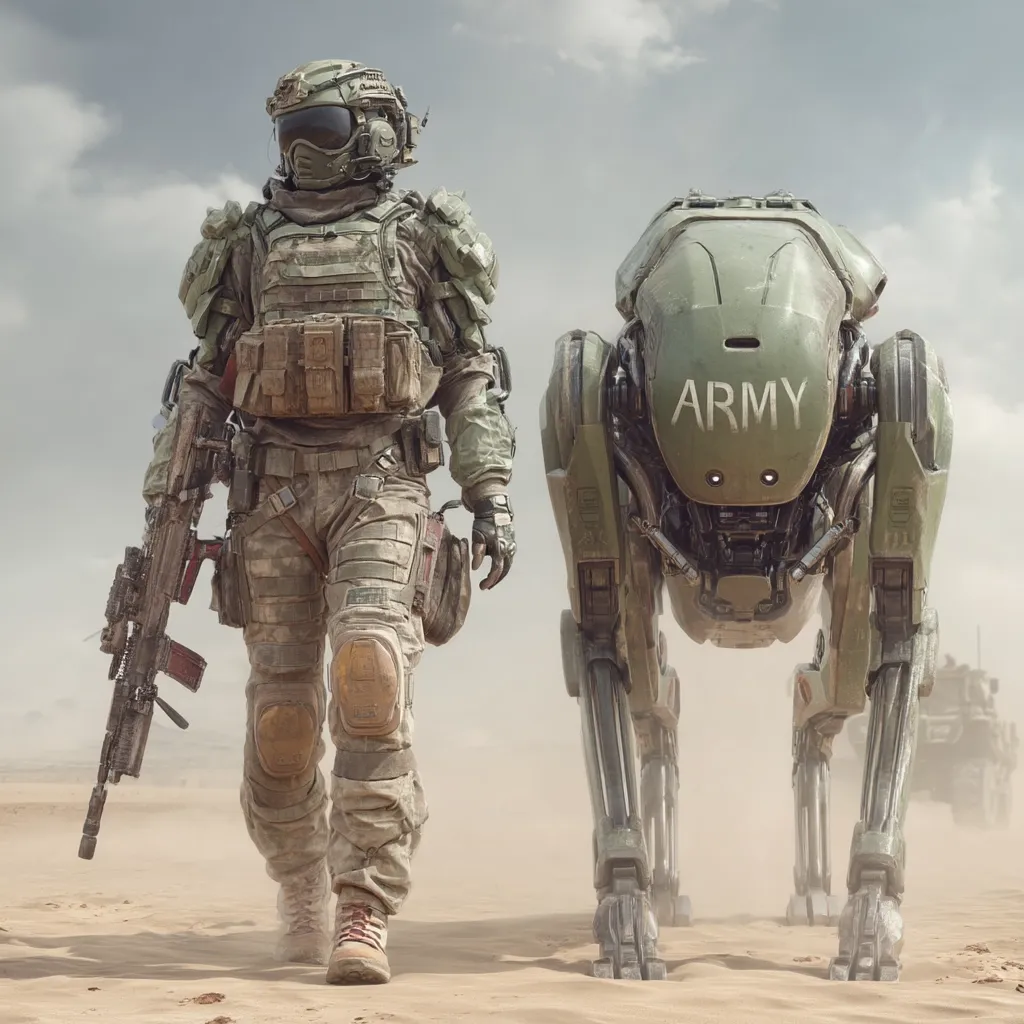 A futuristic soldier in full combat gear walks across a sandy desert landscape.  Beside him strides a large, quadrupedal military robot marked "ARMY."  Dust obscures the background, hinting at a harsh environment.  The soldier carries a rifle, showcasing a blend of human and robotic warfare.  The scene depicts a potential future of military operations.