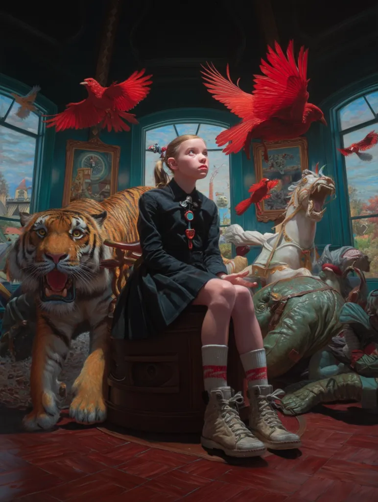 A young girl sits serenely amidst a fantastical scene.  Large red birds soar above her, while a tiger rests calmly beside her. A carousel with fantastical creatures and a reclining figure complete the surreal setting within a richly colored, antique room.  The girl's contemplative expression and the juxtaposition of realistic and fantastical elements create a dreamlike atmosphere.