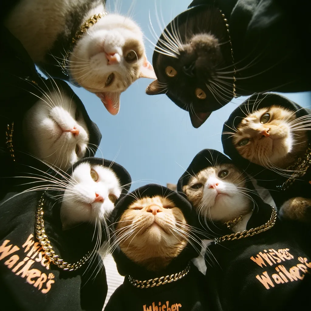 Seven cats, wearing black hoodies and gold chains, are arranged in a circle, looking upwards.  The image is taken from a low angle, creating a fun, playful perspective. Each cat sports a unique coat color, and the hoodies feature the text "Whisker Walkers." The bright sky forms a backdrop to this feline fashion statement.