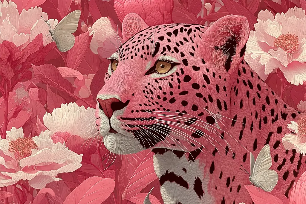 A pink leopard is the focal point of this vibrant illustration, its gaze directed to the left.  Surrounded by a profusion of pink flowers and delicate butterflies, the leopard's pink coat is speckled with dark markings, creating a striking contrast against the soft floral backdrop. The artistic style is detailed and highly stylized, emphasizing the texture of both the animal's fur and the blossoms.