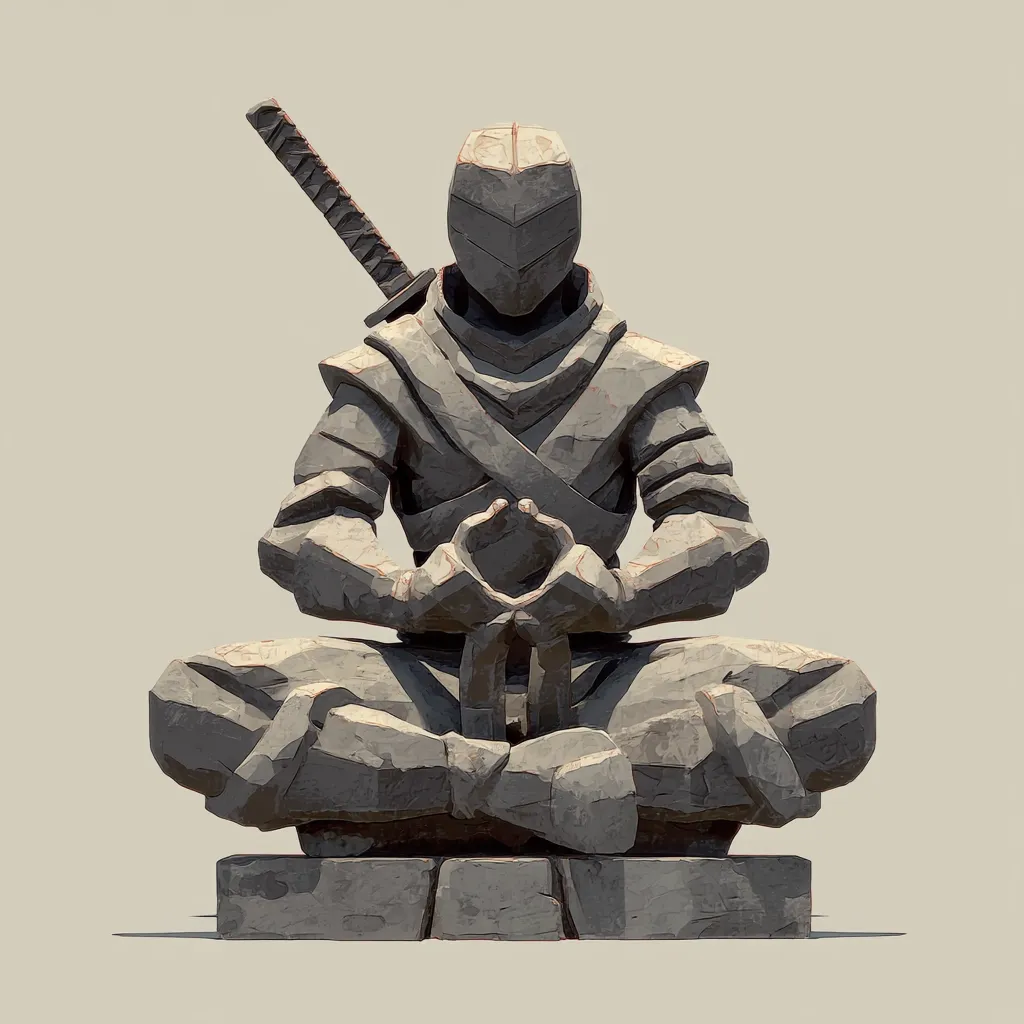 A stylized stone statue of a ninja sits in a meditative pose. The figure is rendered in a low-poly aesthetic, with a focus on angular shapes and textures.  The ninja wears a helmet and traditional garb, a katana rests across their back. The statue is positioned on a simple, block-like base.  The overall effect is serene yet subtly menacing.