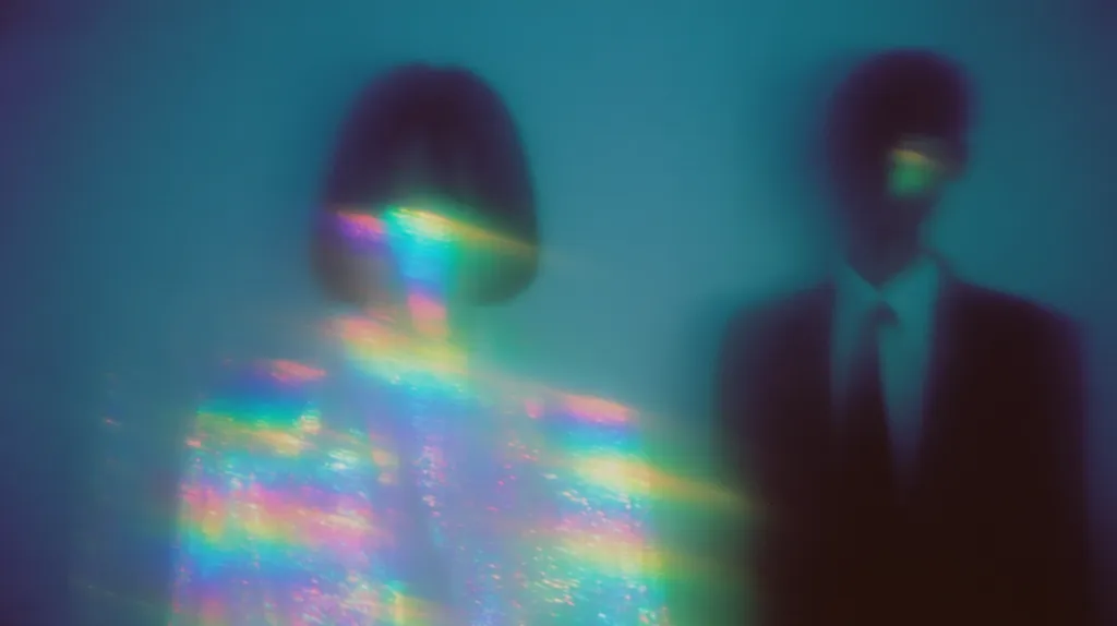 A blurry, ethereal image depicts a man and woman standing side-by-side against a teal backdrop.  The woman is overlaid with iridescent, rainbow-like light, creating a dreamlike effect. The man, in a dark suit, is less defined, appearing as a shadowy figure. The overall mood is mysterious and atmospheric, with a focus on soft, diffused light and color.