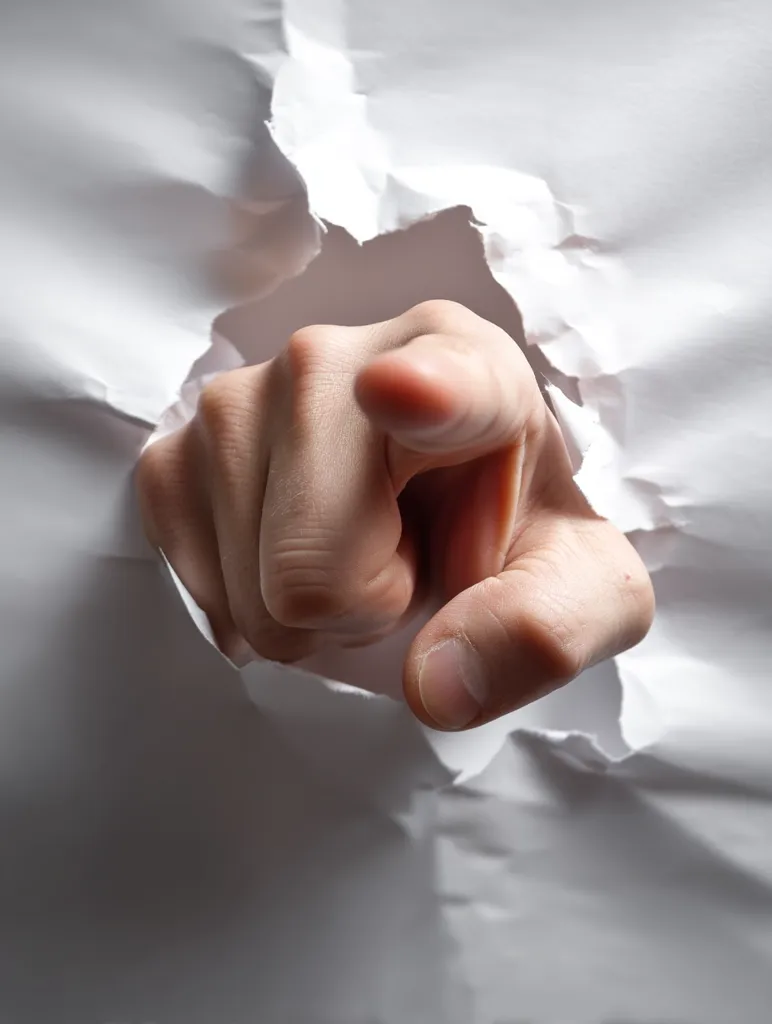 A hand bursts through a torn piece of white paper, its index finger pointed directly at the viewer.  The ragged edges of the paper create a dramatic frame around the hand, emphasizing the directness of the gesture. The image suggests accusation, revelation, or a forceful declaration. The contrast between the hand and the plain background adds impact.