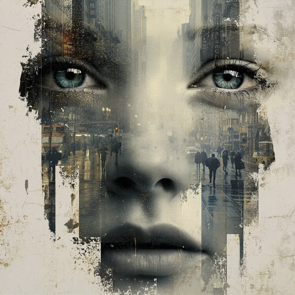 A captivating double exposure image blends a woman's face with a rainy city street scene.  Her striking eyes and sensual lips dominate the foreground, while the background reveals a bustling urban landscape with pedestrians and buildings. The style is gritty and textured, creating a melancholic and atmospheric mood. The juxtaposition of the face and the city evokes themes of urban life, anonymity, and inner worlds.