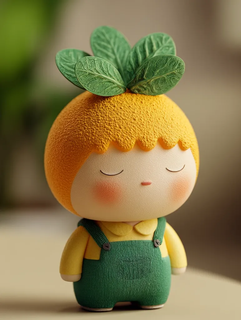 A charming 3D-rendered figurine resembling a small child.  Its head is a textured orange sphere, topped with green leaves, and has a serene expression.  It's dressed in a yellow shirt and green overalls, giving it a cute and playful appearance. The overall style is minimalist and soft, evoking feelings of warmth and tranquility.