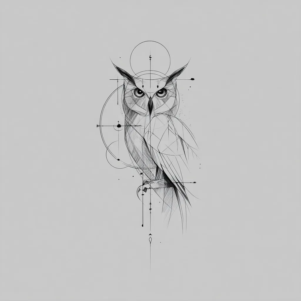 A detailed pencil sketch of an owl is presented against a light gray background. The owl is depicted in a geometric style, with its feathers and body rendered with precise lines creating a geometric pattern.  Surrounding the owl are delicate geometric shapes and lines, enhancing the artistic, almost tattoo-like quality of the image. The owl's intense gaze adds a captivating element to the piece.