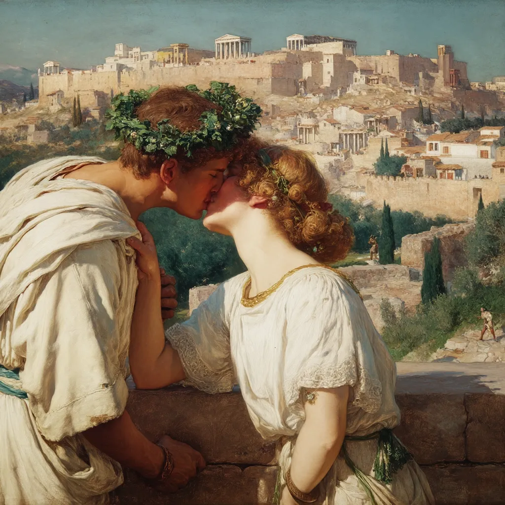 A romantic painting depicts a young couple passionately kissing against the backdrop of the ancient city of Athens. The man wears a laurel wreath, and both are dressed in flowing white garments reminiscent of classical Greek attire. The Acropolis stands majestically in the background, bathed in sunlight, creating a picturesque setting for their tender embrace.  The scene evokes a sense of timeless love and beauty against the backdrop of history.