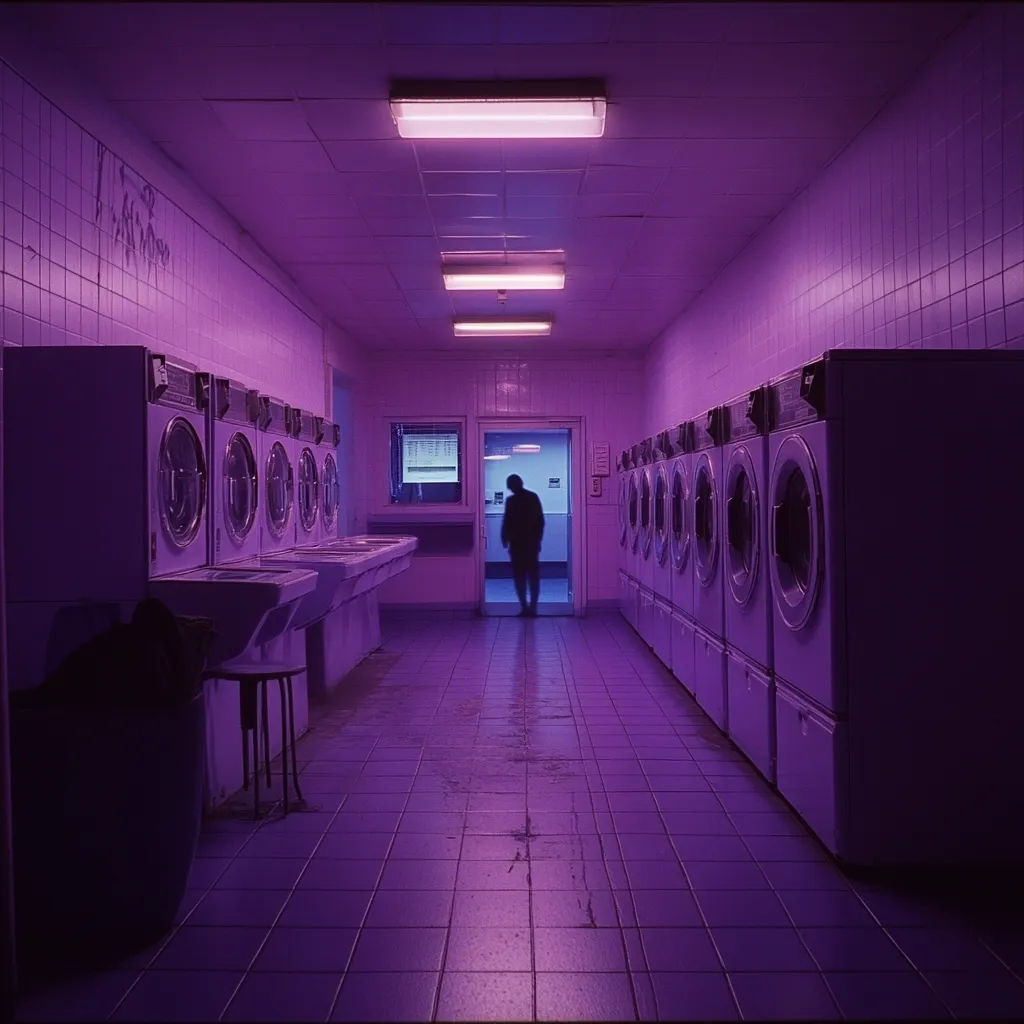 A long, narrow laundromat bathed in an eerie purple light. Rows of washing machines line both sides of the corridor, their purple hue matching the walls and floor. A solitary figure stands silhouetted in the center, near a doorway at the far end. The scene is stark, quiet, and slightly unsettling, creating a mysterious and atmospheric image.