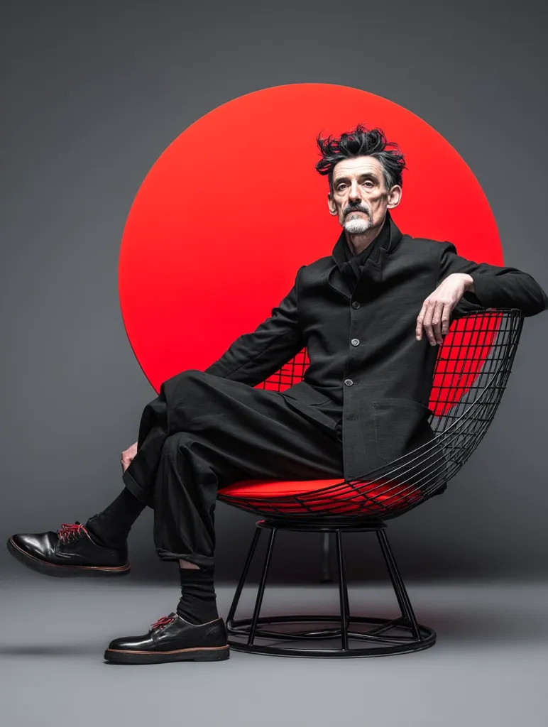 A man with dark, tousled hair sits in a black wire chair with a red cushion.  He wears a black suit and black shoes with red laces.  The chair is positioned before a large, vibrant red circle against a grey background. The overall image is sharply contrasted, with a dramatic and stylized feel.