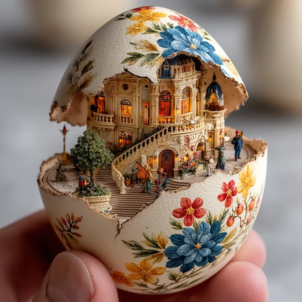 A meticulously crafted miniature scene is nestled inside a delicately painted eggshell.  The eggshell, adorned with vibrant floral designs, is cracked open to reveal a detailed miniature building, complete with a grand staircase, surrounding landscaping, and tiny figures.  The scene appears illuminated from within, enhancing its intricate detail and creating a captivating, whimsical display.