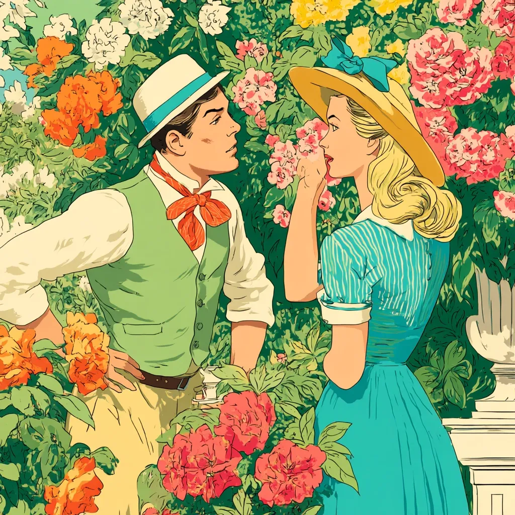 A romantic illustration depicts a man and woman amidst a vibrant garden bursting with colorful flowers.  The man, in a light green vest and straw hat, stands beside a woman in a blue dress and sun hat. She gently touches a flower, her gaze directed at him.  Their expressions suggest a tender moment of connection, creating a nostalgic, vintage aesthetic. The lush floral backdrop adds to the scene's romantic charm.