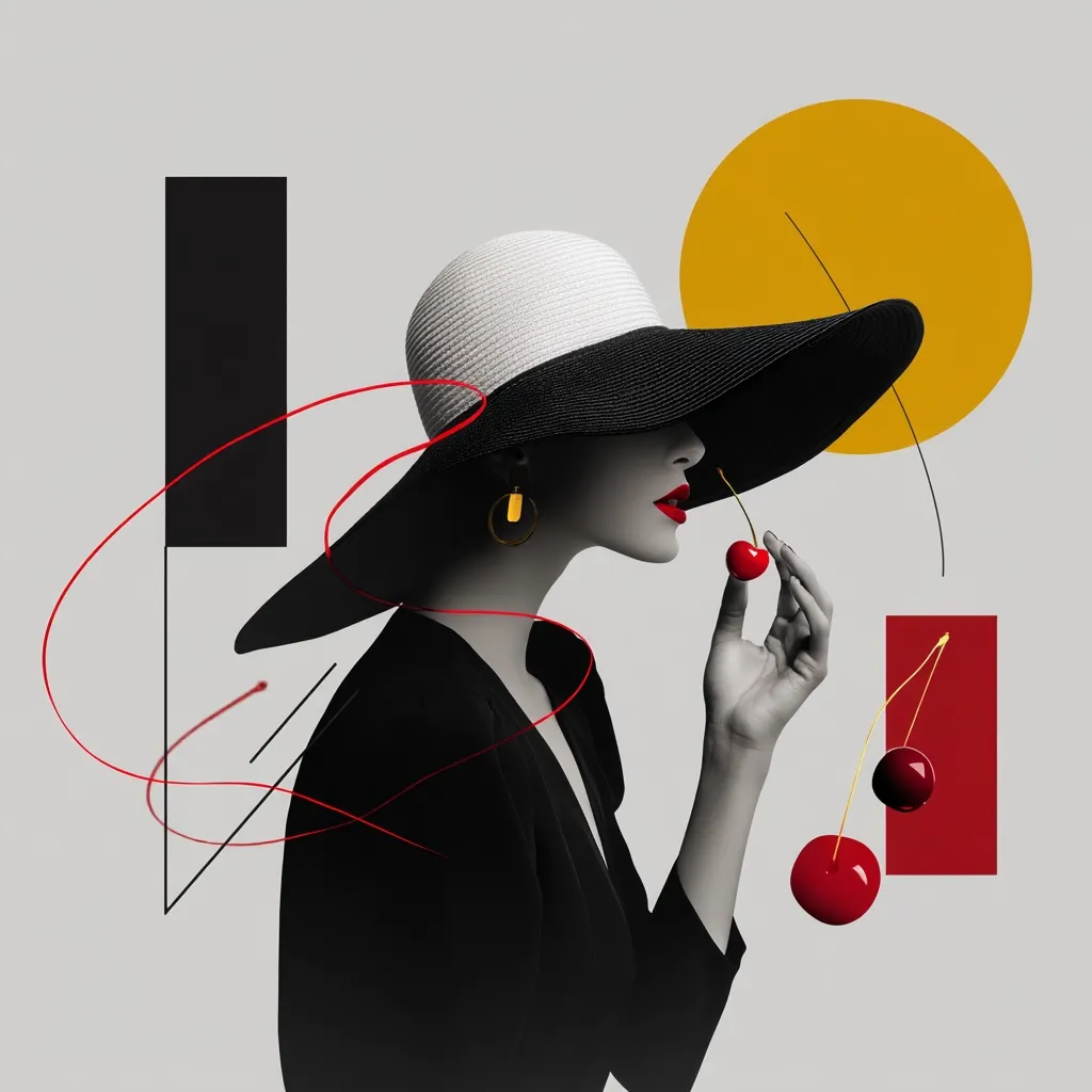 A stylish monochrome woman, wearing a wide-brimmed black and white hat and black dress, holds a cherry to her lips.  Geometric shapes—black rectangles, a yellow circle, and a red square—surround her, interwoven with thin red lines, creating a striking abstract collage. The image is elegant and modern, blending fashion with graphic design elements.
