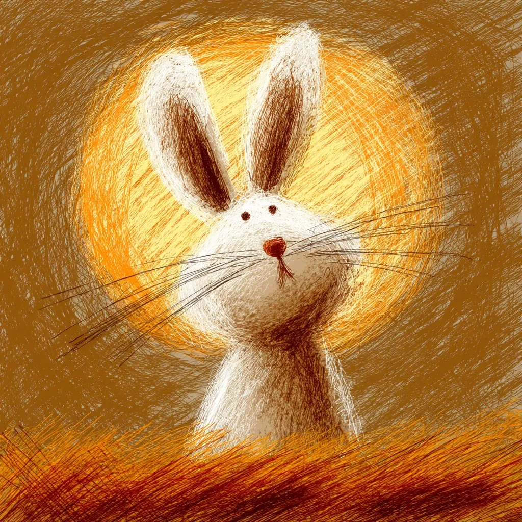 A whimsical illustration of a white rabbit, rendered in a textured, scribbled style.  The rabbit's large ears and long whiskers are prominent against a warm, ochre background. A glowing, sun-like circle sits behind the rabbit, adding to the dreamy, almost magical atmosphere. The rabbit appears to be nestled in tall grass or grain at the bottom of the image.