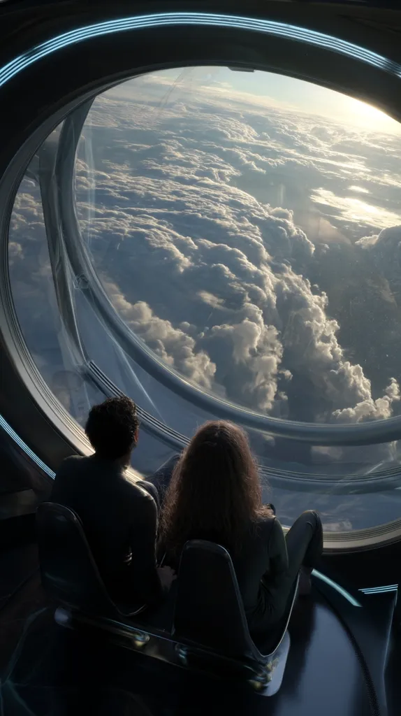 A couple sits in dark, futuristic seats, gazing out a large, circular window.  Below, a breathtaking expanse of fluffy white clouds stretches to the horizon under a partly sunny sky. The window's sleek, dark frame contrasts with the bright, airy view, creating a striking visual.  The scene suggests a high-altitude observation point, possibly an airplane or advanced transportation vehicle.