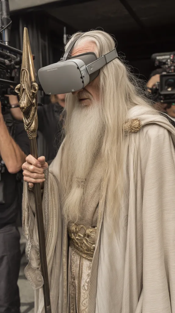 An elderly man with long white hair and beard, dressed in flowing beige robes and a gold-embellished belt, holds a ornate staff. He wears a virtual reality headset, suggesting he's immersed in a digital experience.  The setting appears to be a film or television production, with cameras and crew visible in the background. The overall image evokes a mystical or fantastical feel.