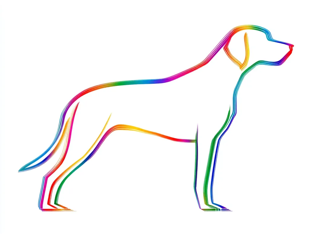 A stylized outline of a dog is depicted, rendered in a vibrant rainbow spectrum. The lines are multi-colored, creating a dynamic effect. The dog is shown in profile view, standing with its body slightly angled.  The image is simple yet visually striking, suitable for logos or designs celebrating pets or inclusivity.