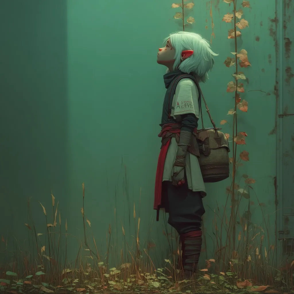 A young elf-like character, with pointed ears and short white hair, stands before a teal wall. They wear a loose, off-white tunic with dark pants and reddish accents, carrying a satchel.  The scene is muted and atmospheric, with tall grasses and vines growing along the wall.  The character looks upwards, conveying a sense of longing or hope. The word "Alive" is visible on their clothing.