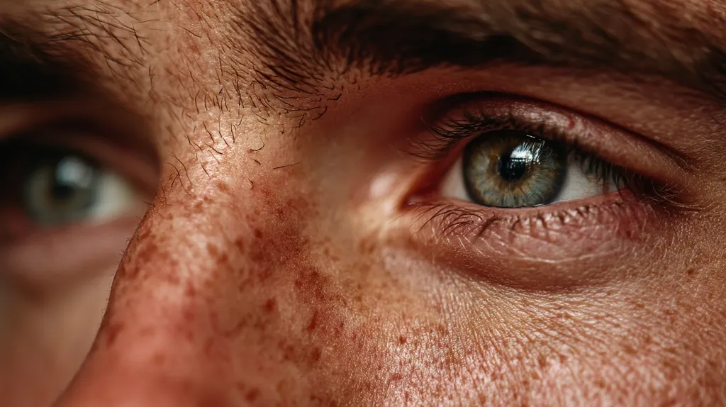A close-up shows a man's eye, revealing details of his skin.  His green iris is sharply in focus, contrasting with the softly blurred background.  His face is freckled, and fine hairs are visible on his brow and skin. The image emphasizes texture and detail, creating a intimate and somewhat intense portrayal.