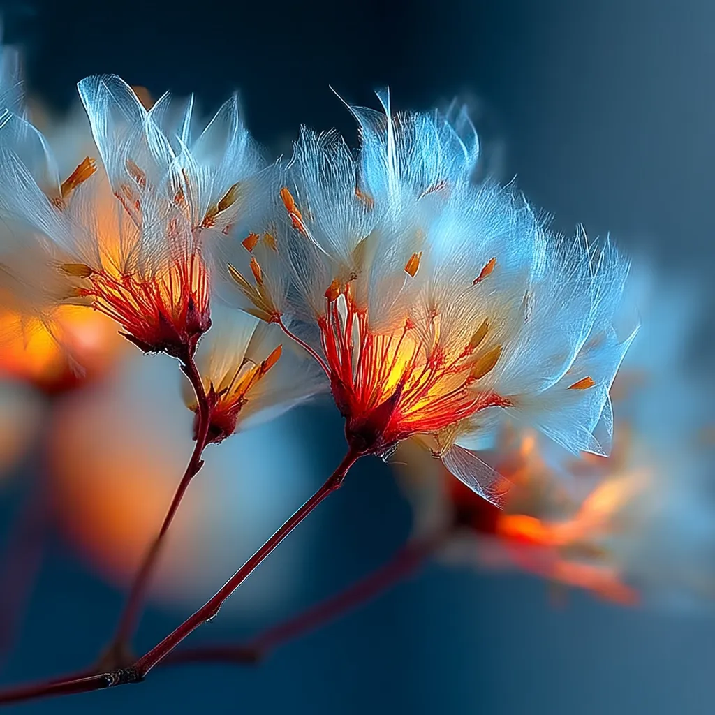 Delicate, feathery white flowers with vibrant orange-red centers are illuminated, creating a magical, ethereal effect.  The blossoms appear translucent, glowing softly against a blurred, dark teal background.  The slender, reddish stems add to the delicate beauty of the scene.  The image evokes a sense of wonder and tranquility.