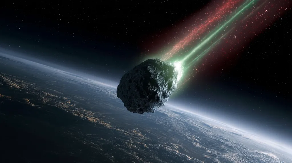 A large asteroid hurtles towards Earth, leaving a vibrant green and red trail in its wake.  The asteroid is dark and jagged, contrasting sharply against the bright, glowing trail.  The Earth's atmosphere is visible in the lower portion of the image, showcasing a partly cloudy, blue and grey surface. The scene evokes a sense of impending impact and cosmic danger.