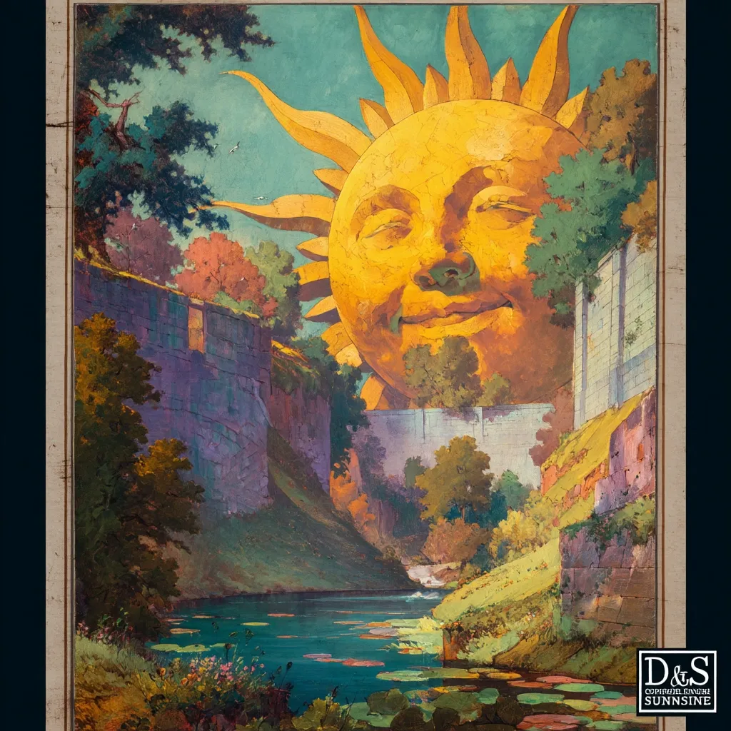 A whimsical painting depicts a giant, smiling sun face dominating the landscape.  A serene river flows through a verdant valley, bordered by ancient stone walls.  Lush greenery and water lilies add to the idyllic scene, creating a magical and surreal atmosphere.  The artwork's vibrant colors and fantastical imagery evoke a sense of wonder and tranquility.